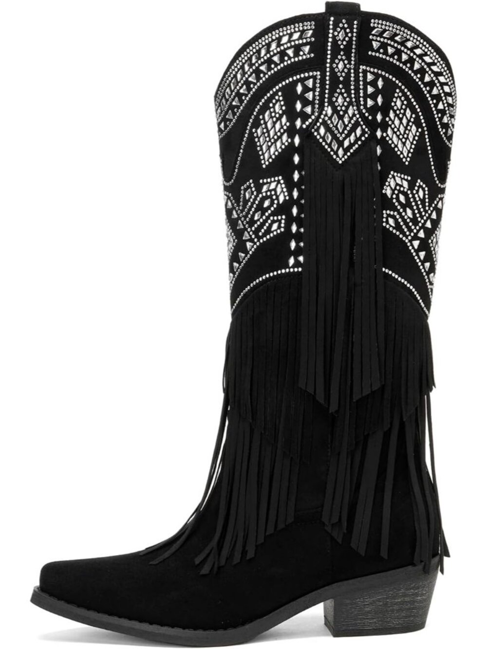Women's Black Suede Knee High Cowgirl Boot Fringe Rhinestone Western Chunky Heel - Picture 4 of 5